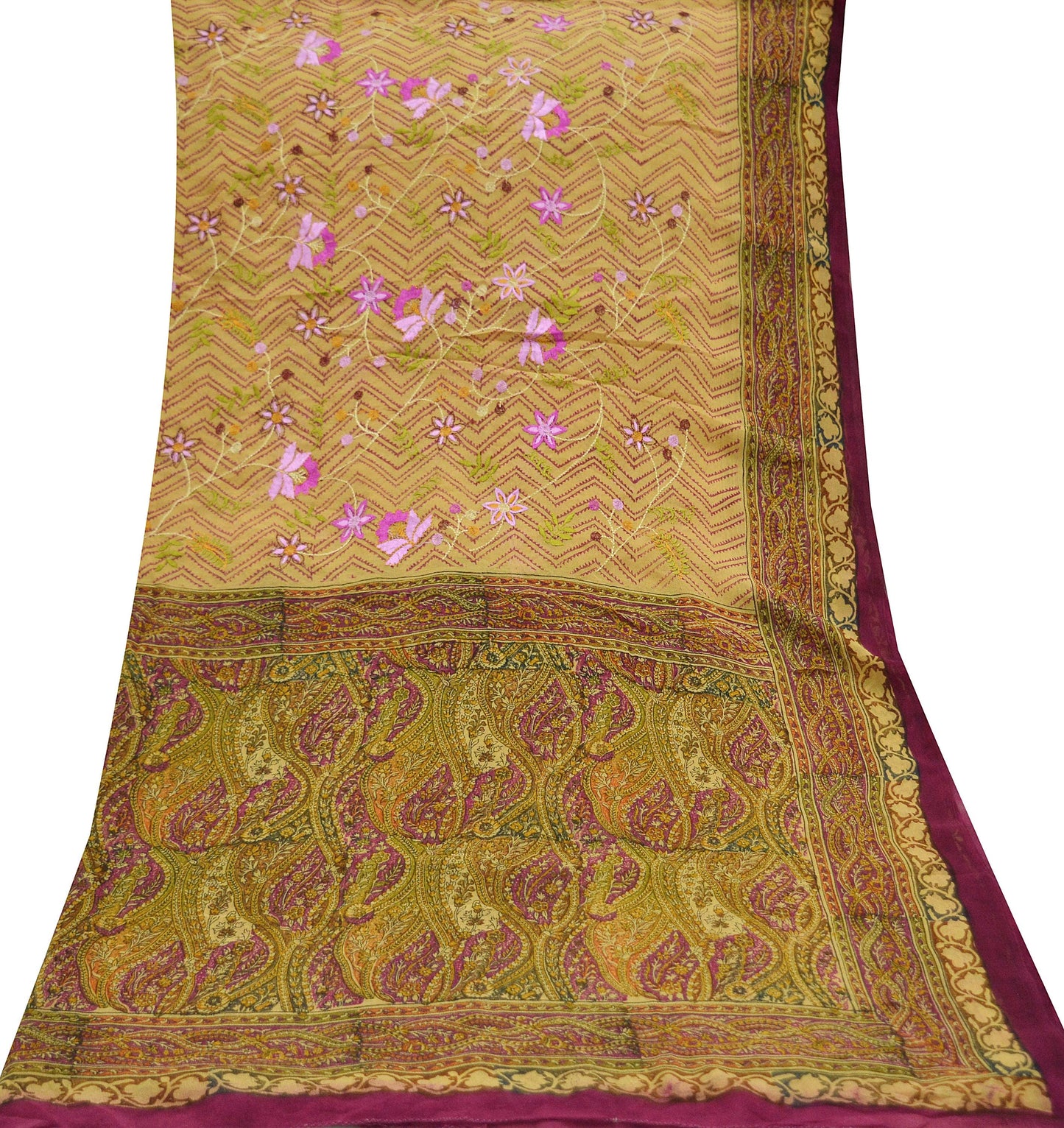 Indian Vintage Dupatta Purple & Beige Long Stole Hand Beaded Printed Pure Georgette Silk Indian Scarves Veil Wrap Soft Floral