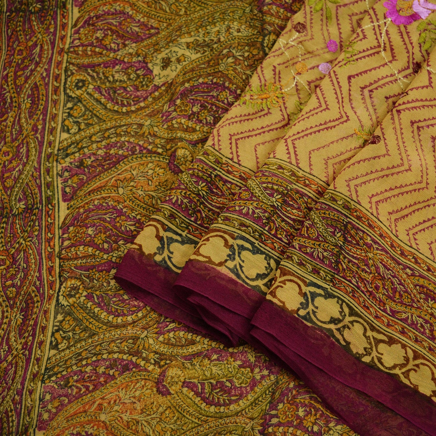 Indian Vintage Dupatta Purple & Beige Long Stole Hand Beaded Printed Pure Georgette Silk Indian Scarves Veil Wrap Soft Floral