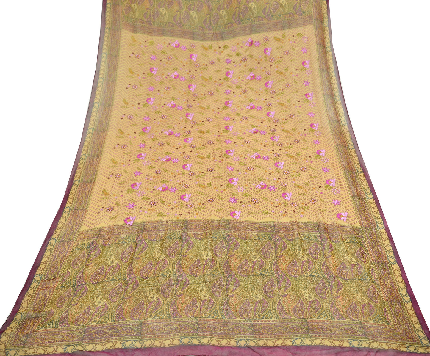 Indian Vintage Dupatta Purple & Beige Long Stole Hand Beaded Printed Pure Georgette Silk Indian Scarves Veil Wrap Soft Floral