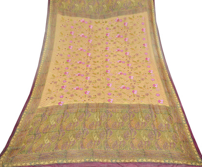 Indian Vintage Dupatta Purple & Beige Long Stole Hand Beaded Printed Pure Georgette Silk Indian Scarves Veil Wrap Soft Floral
