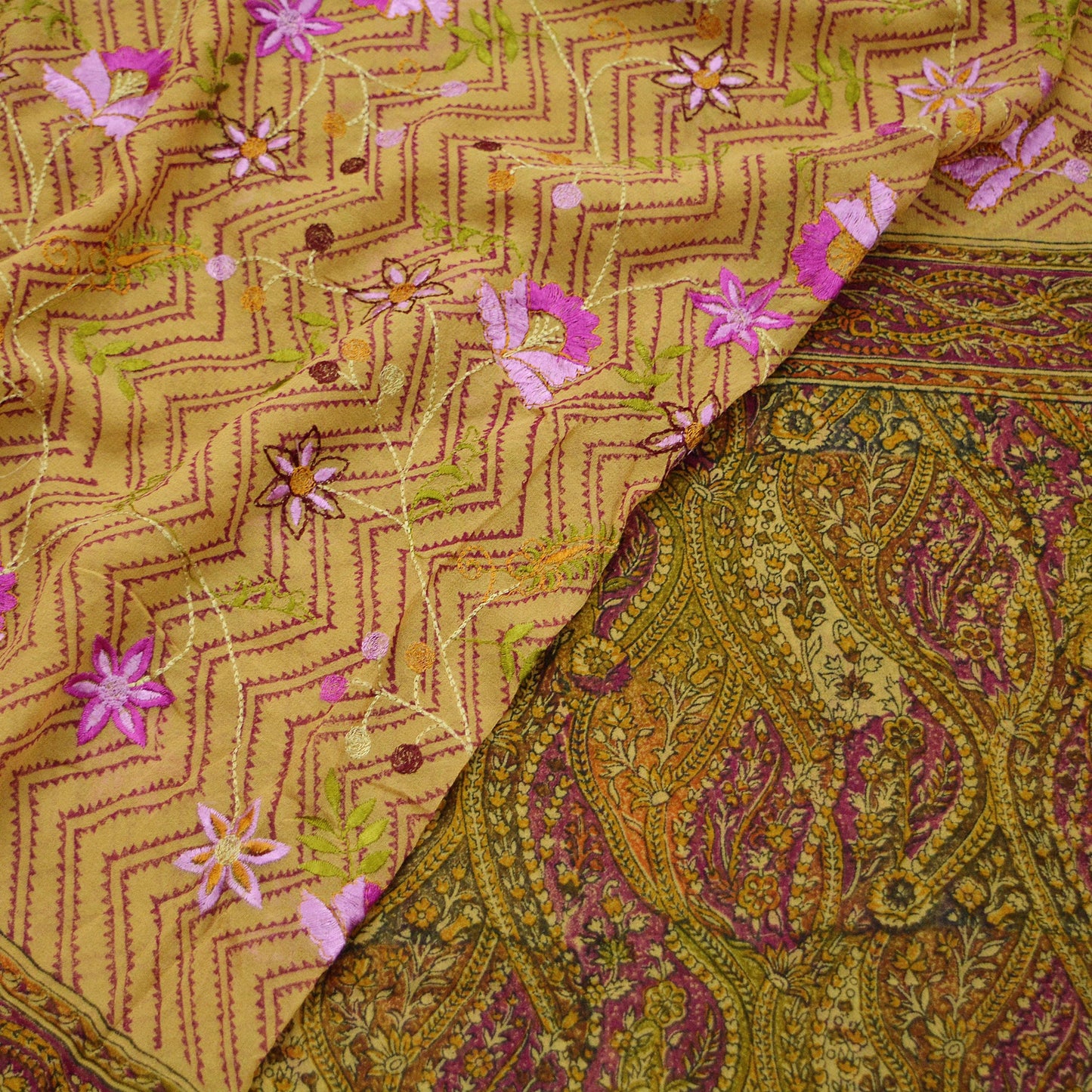 Indian Vintage Dupatta Purple & Beige Long Stole Hand Beaded Printed Pure Georgette Silk Indian Scarves Veil Wrap Soft Floral