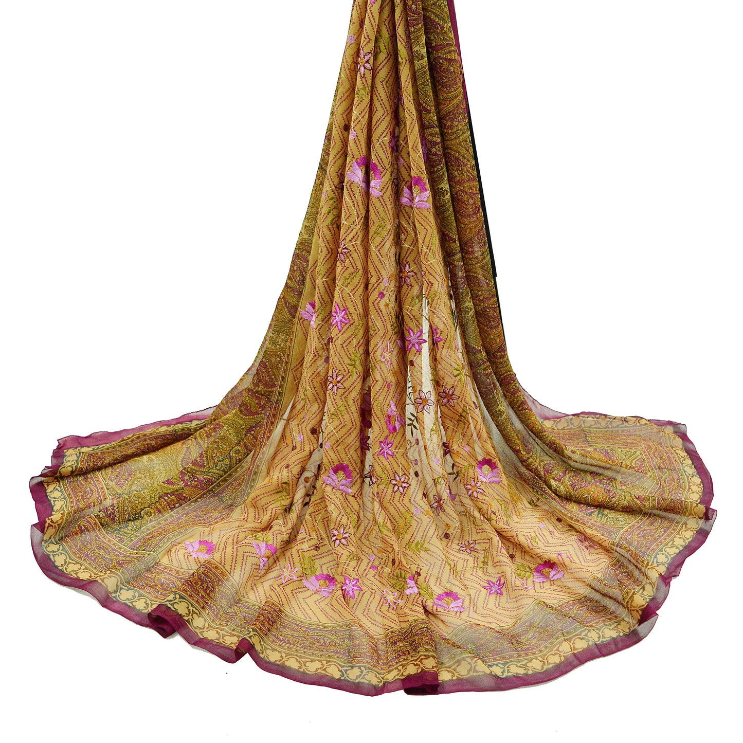 Indian Vintage Dupatta Purple & Beige Long Stole Hand Beaded Printed Pure Georgette Silk Indian Scarves Veil Wrap Soft Floral