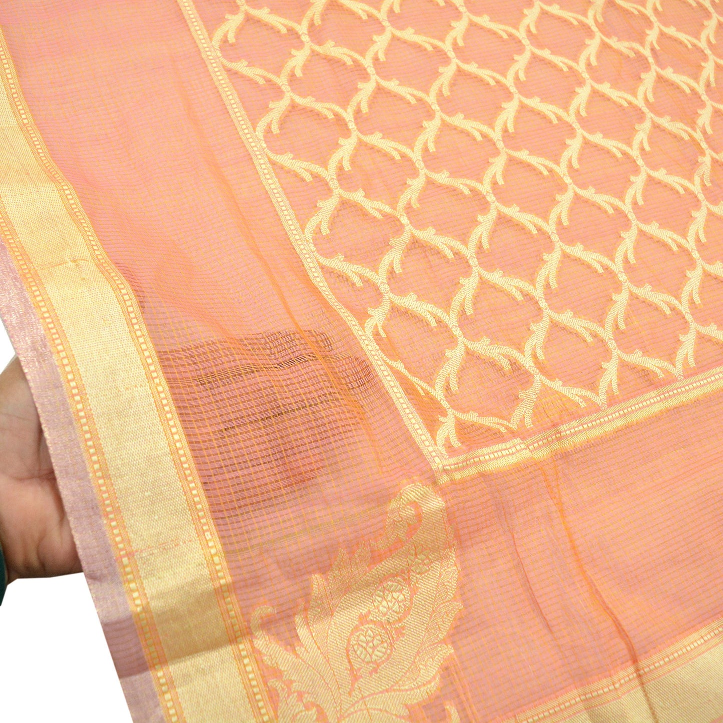 Indian Vintage Dupatta Peach Organza Long Stole Woven Scarves Veil Zari Soft Floral Design