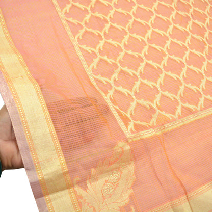 Indian Vintage Dupatta Peach Organza Long Stole Woven Scarves Veil Zari Soft Floral Design