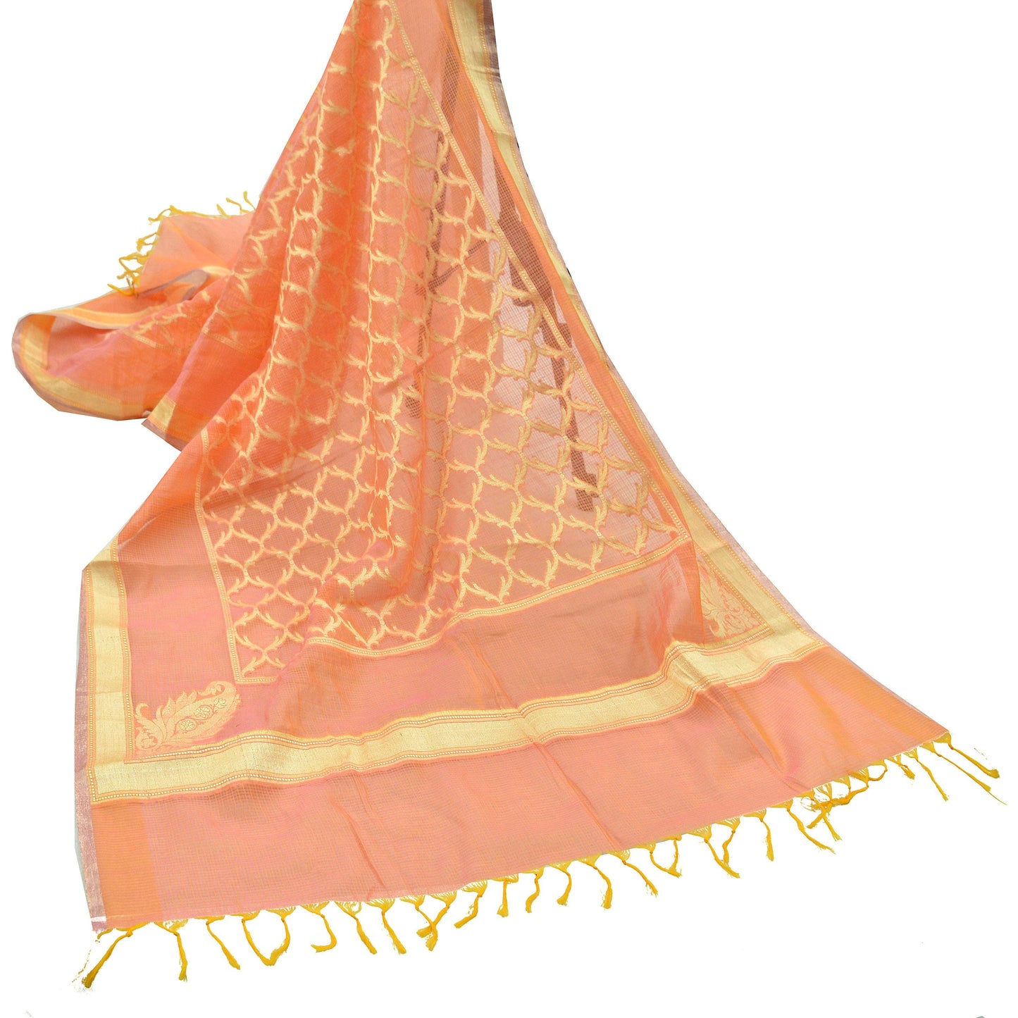 Indian Vintage Dupatta Peach Organza Long Stole Woven Scarves Veil Zari Soft Floral Design