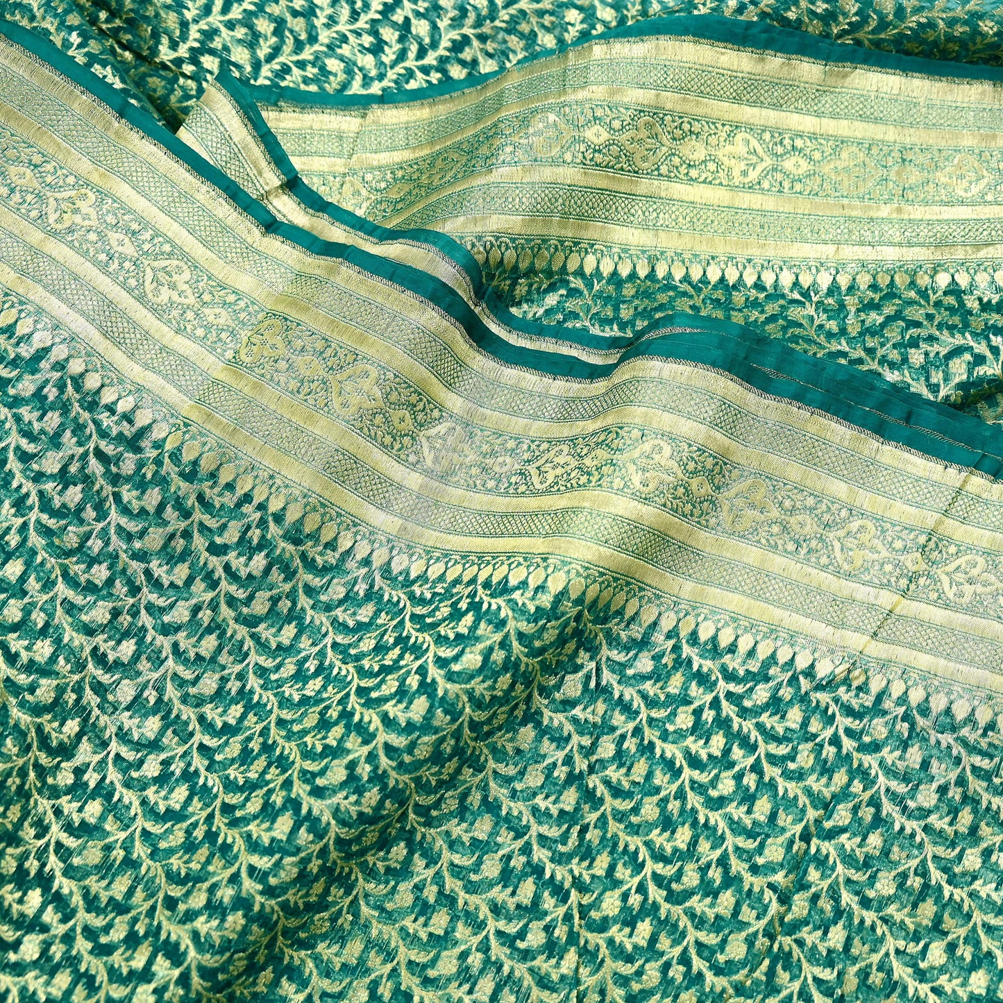 Indian Vintage Sari Heavy Green Pure Organza Silk Woven Brocade Banarasi Sarees Zari 5Yd Ethnic Fabric Dress Making Wedding Sarees
