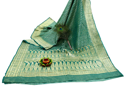 Indian Vintage Sari Heavy Green Pure Organza Silk Woven Brocade Banarasi Sarees Zari 5Yd Ethnic Fabric Dress Making Wedding Sarees