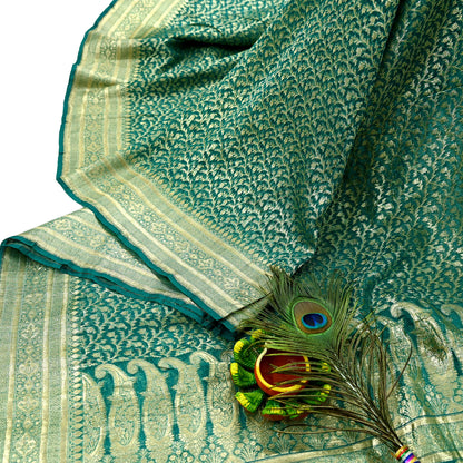 Indian Vintage Sari Heavy Green Pure Organza Silk Woven Brocade Banarasi Sarees Zari 5Yd Ethnic Fabric Dress Making Wedding Sarees