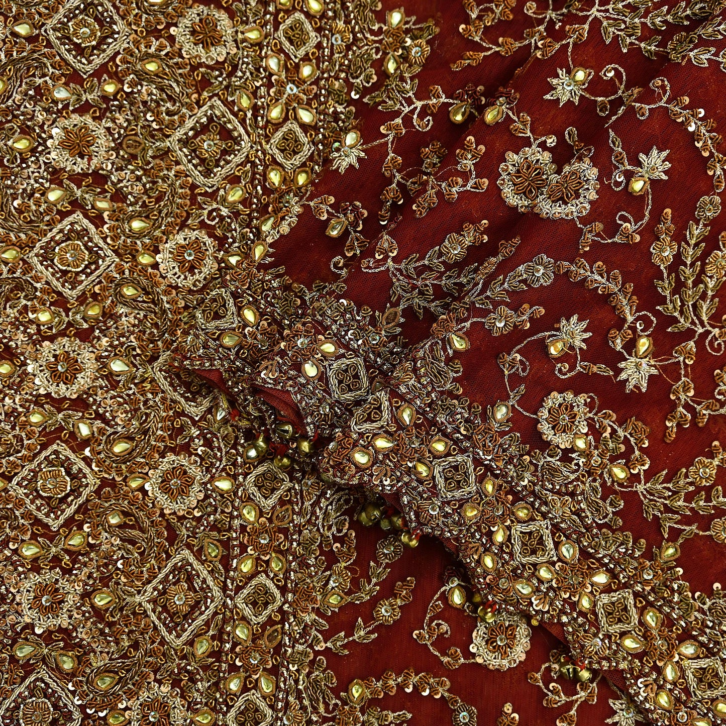 Indian Vintage Heavy Bridal Red Dupatta Net Mesh Long Stole Hand Embroidered Scarves Golden Zardozi Dabka Zari Sequins Wedding Veil Hijab