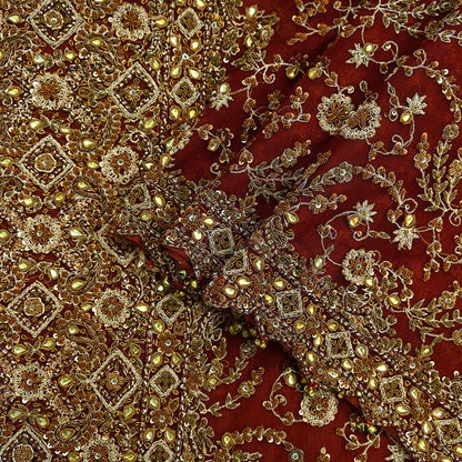 Indian Vintage Heavy Bridal Red Dupatta Net Mesh Long Stole Hand Embroidered Scarves Golden Zardozi Dabka Zari Sequins Wedding Veil Hijab