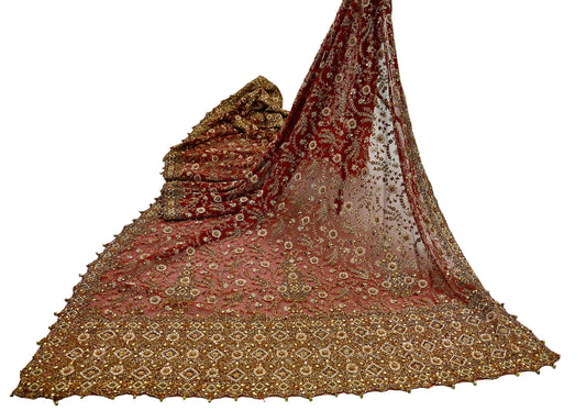 Indian Vintage Heavy Bridal Red Dupatta Net Mesh Long Stole Hand Embroidered Scarves Golden Zardozi Dabka Zari Sequins Wedding Veil Hijab