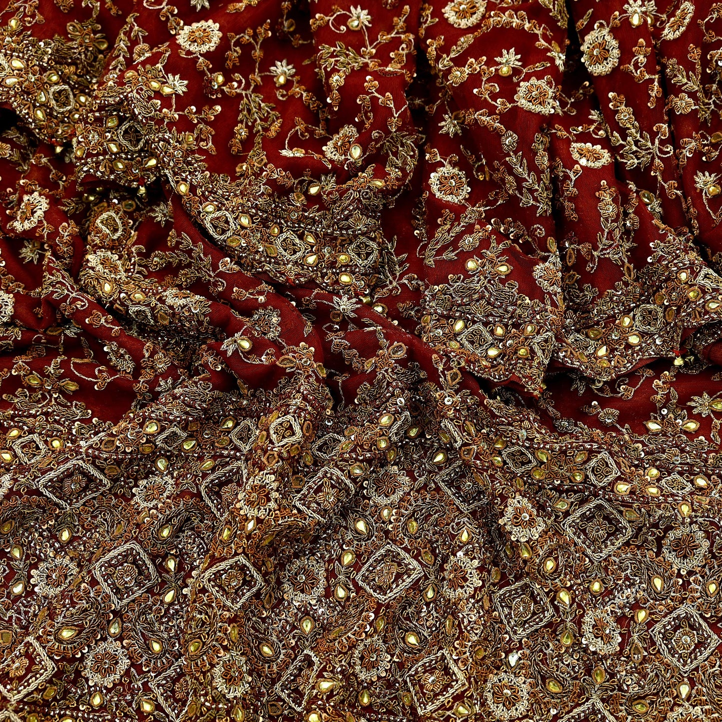 Indian Vintage Heavy Bridal Red Dupatta Net Mesh Long Stole Hand Embroidered Scarves Golden Zardozi Dabka Zari Sequins Wedding Veil Hijab