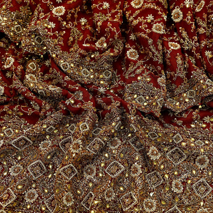Indian Vintage Heavy Bridal Red Dupatta Net Mesh Long Stole Hand Embroidered Scarves Golden Zardozi Dabka Zari Sequins Wedding Veil Hijab