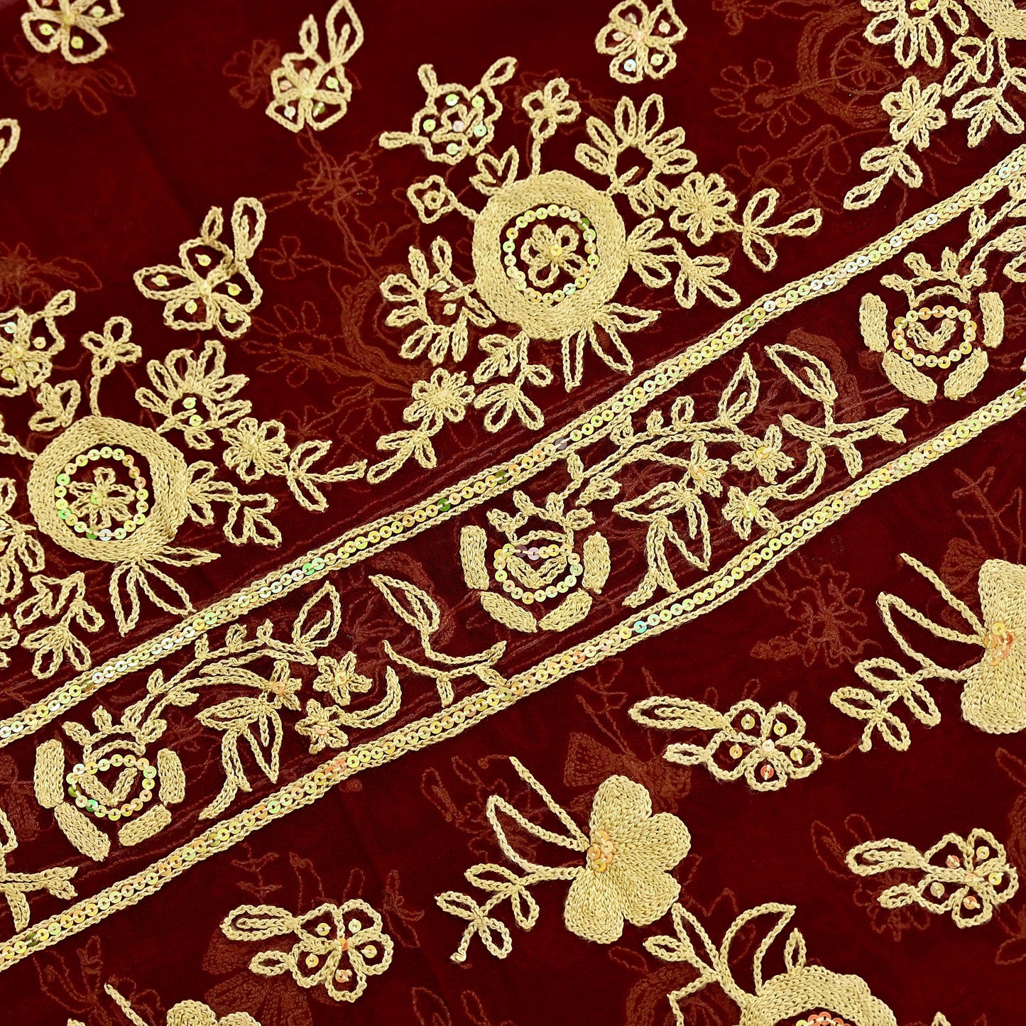 Indian Vintage Dupatta Maroon Long Stole Pure Georgette Silk Hand Embroidered Scarves Veil Hijab Floral Sequins