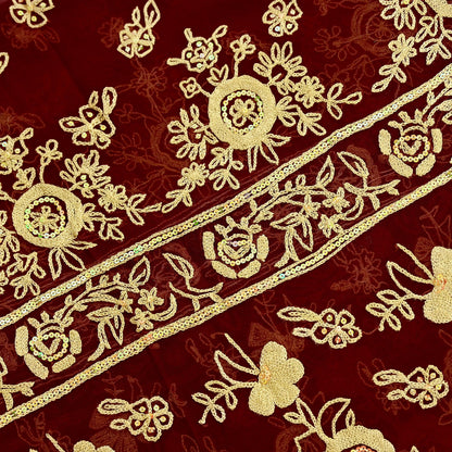 Indian Vintage Dupatta Maroon Long Stole Pure Georgette Silk Hand Embroidered Scarves Veil Hijab Floral Sequins