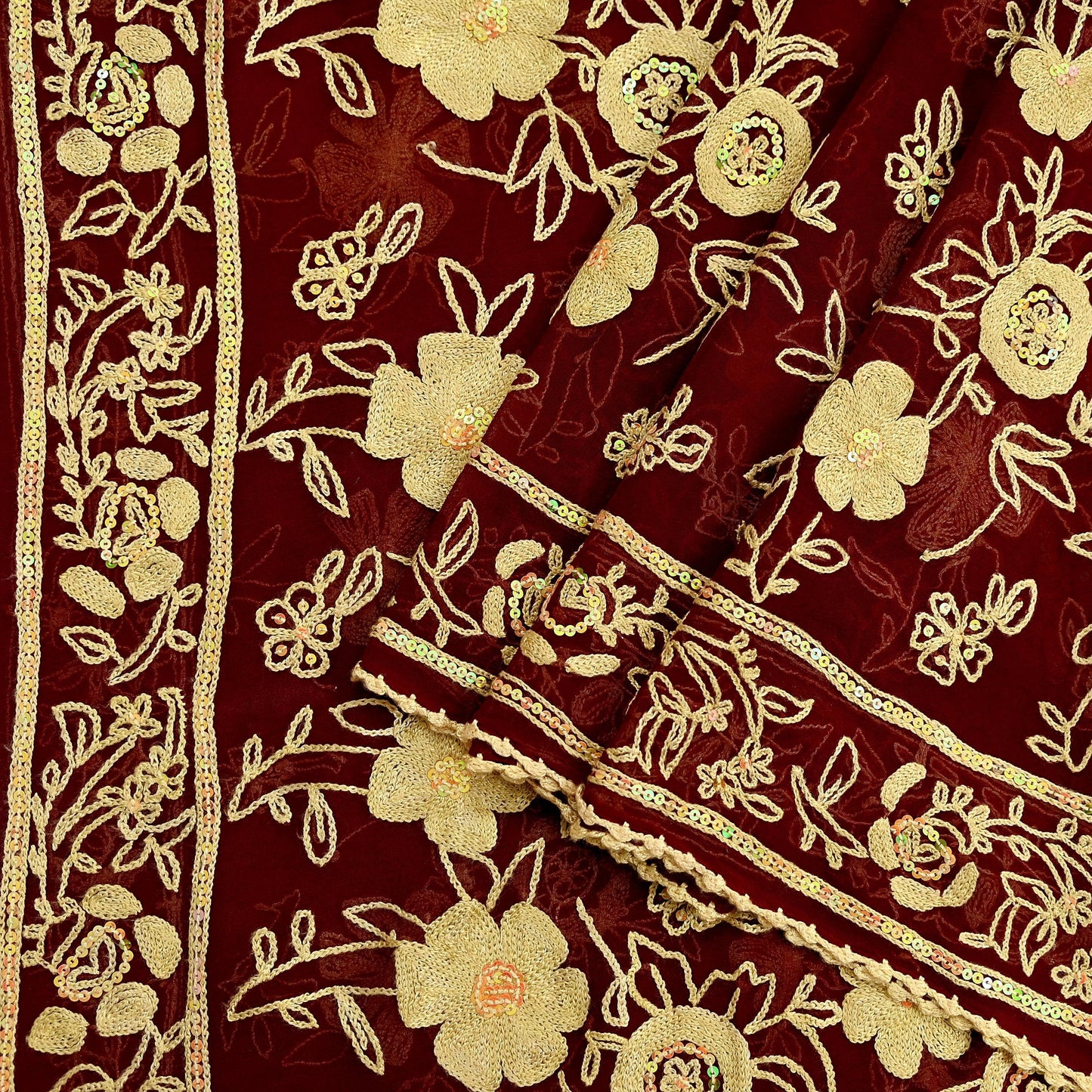Indian Vintage Dupatta Maroon Long Stole Pure Georgette Silk Hand Embroidered Scarves Veil Hijab Floral Sequins