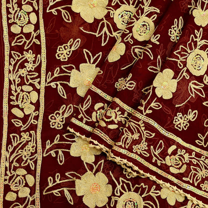 Indian Vintage Dupatta Maroon Long Stole Pure Georgette Silk Hand Embroidered Scarves Veil Hijab Floral Sequins