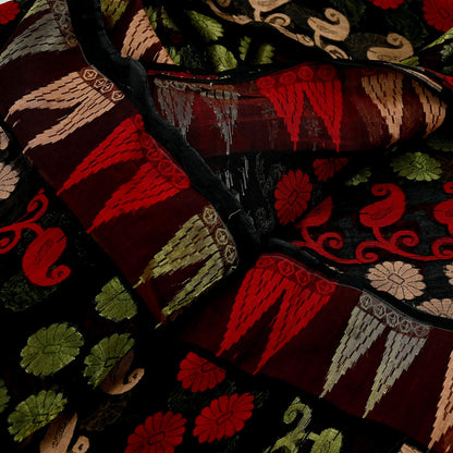 Indian Vintage Sarees Black Pure Cotton Hand Woven Jamdani Sari 5yd Ethnic Floral Craft Fabric Dress making Upcycle Crafting Quilting