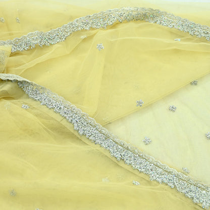 Indian Vintage Sari Yellow Net/Mesh Hand Embroidered Sarees Craft Fabric 6Yd Sewing Soft Zardozi/Dabka Zari Sequins Wedding sarees