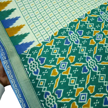 Indian Vintage Sari Green & Ivory Printed Pure Cotton Sarees 5Yd Craft Fabric Soft Sewing Sarong Wrap Boho Upcycle quilting Dress making
