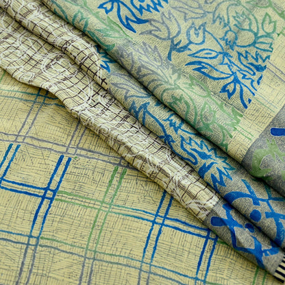 Indian Vintage Sari Beige Pure Crepe Silk Printed Sarees 5yd Sewing Floral Soft Craft Fabric Wrap Dress making Upcycle Crafting Quilting