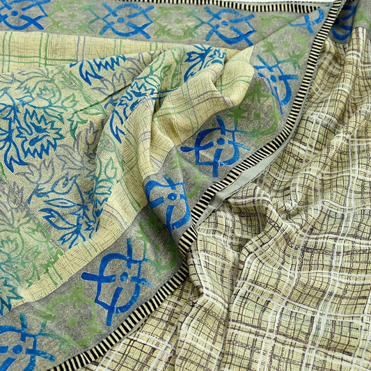 Indian Vintage Sari Beige Pure Crepe Silk Printed Sarees 5yd Sewing Floral Soft Craft Fabric Wrap Dress making Upcycle Crafting Quilting