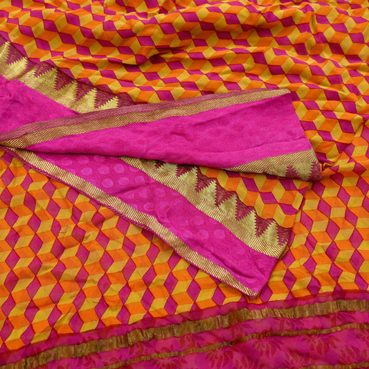 Indian Vintage Saree Purple & Orange Pure Georgette Silk Printed Sari Sewing 5yd Craft Fabric Soft Dress Designing for Crafting Quilting