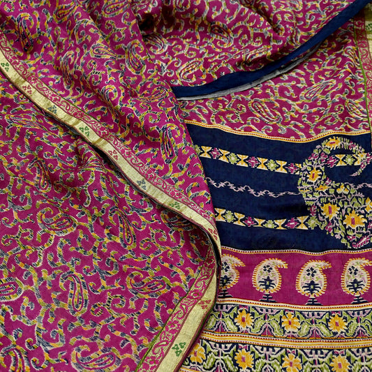 Indian Vintage Sari Purple & Blue Pure Silk Printed Sarees 6yd Sewing Craft Fabric Dress Making Wrap Boho Upcycle Quilting Crafting Zari