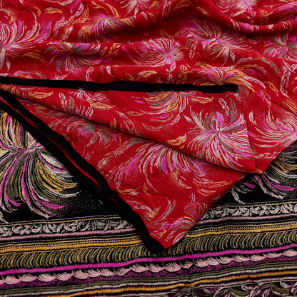 Indian Vintage Sari Black & Red Pure Silk Printed Sarees 5yd Sewing Craft Fabric Dress Making Soft Quilting Crafting Upcycle Used Floral