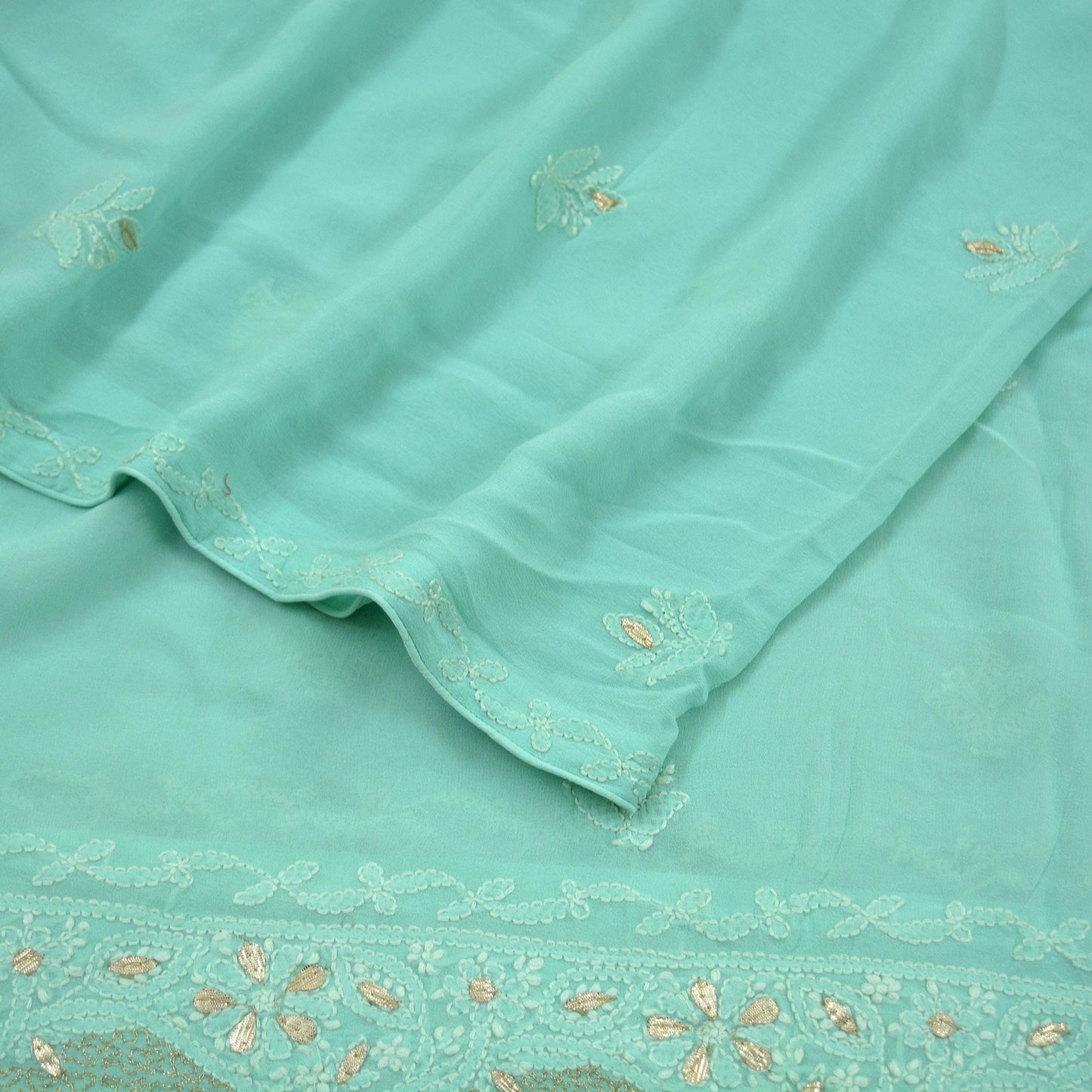 Indian Vintage Dupatta Green Pure Georgette silk Long Stole Hand Embroidered Chikankari Stole Floral Scarf Scarves