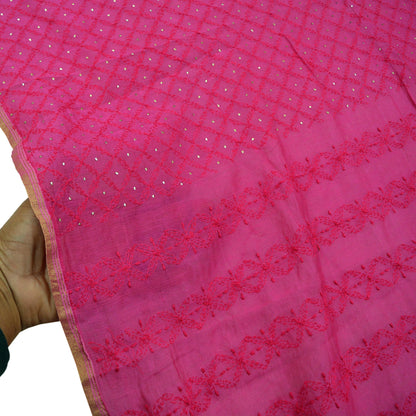 Indian Vintage Pink Dupatta Long Stole Hand Embroidered Mukesh Pure Chanderi Silk Scarves Veil Golden Zari Soft Fringes Zardozi/ Dabka