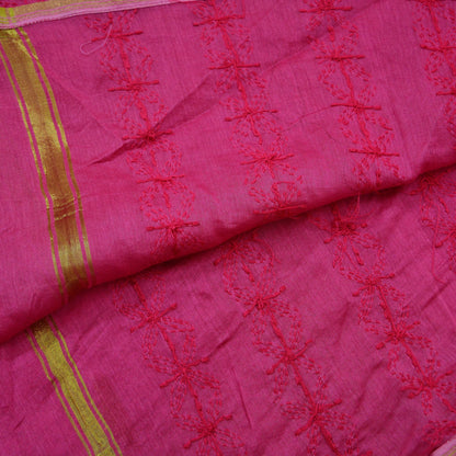 Indian Vintage Pink Dupatta Long Stole Hand Embroidered Mukesh Pure Chanderi Silk Scarves Veil Golden Zari Soft Fringes Zardozi/ Dabka