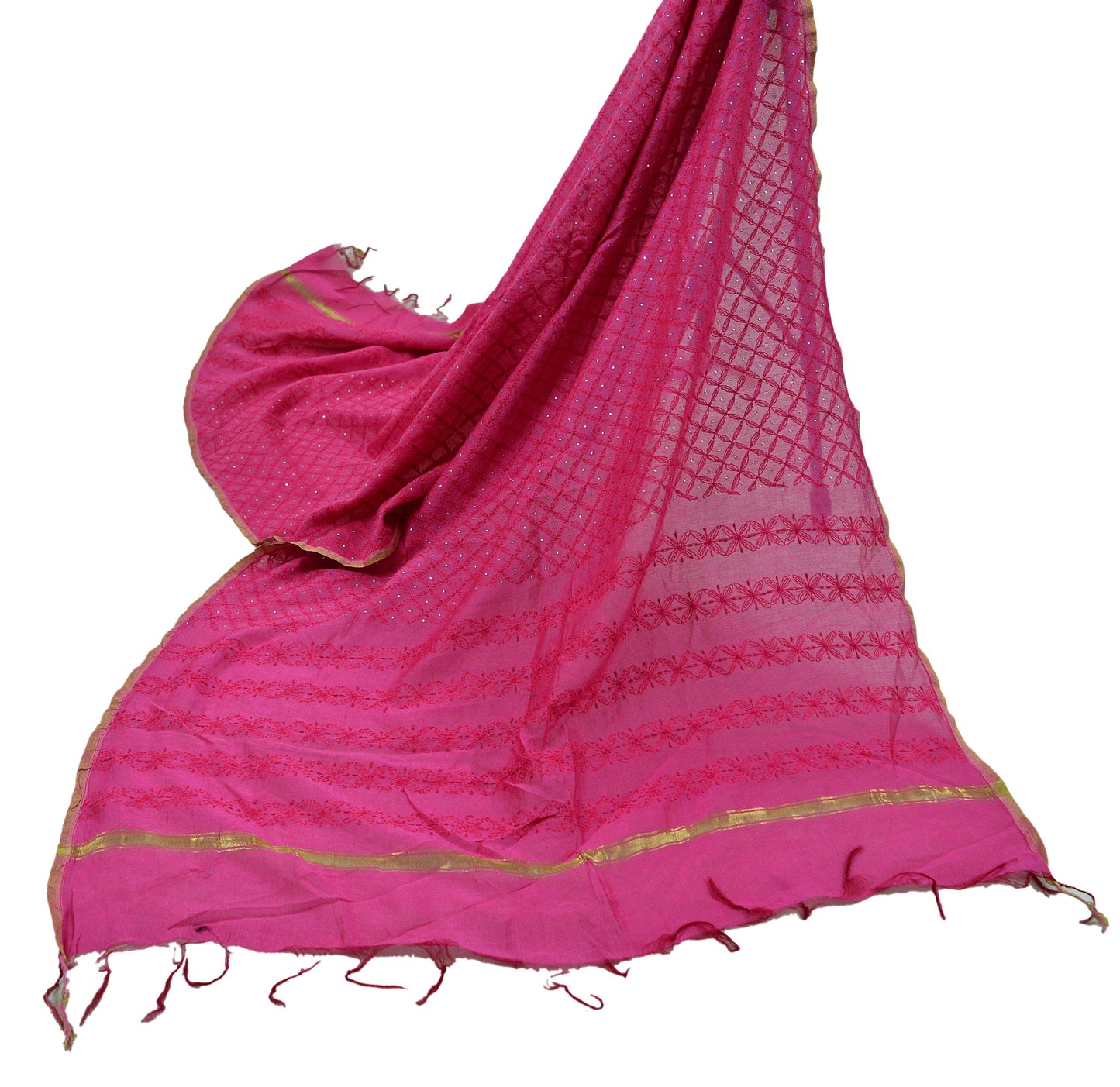 Indian Vintage Pink Dupatta Long Stole Hand Embroidered Mukesh Pure Chanderi Silk Scarves Veil Golden Zari Soft Fringes Zardozi/ Dabka