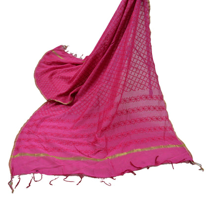 Indian Vintage Pink Dupatta Long Stole Hand Embroidered Mukesh Pure Chanderi Silk Scarves Veil Golden Zari Soft Fringes Zardozi/ Dabka