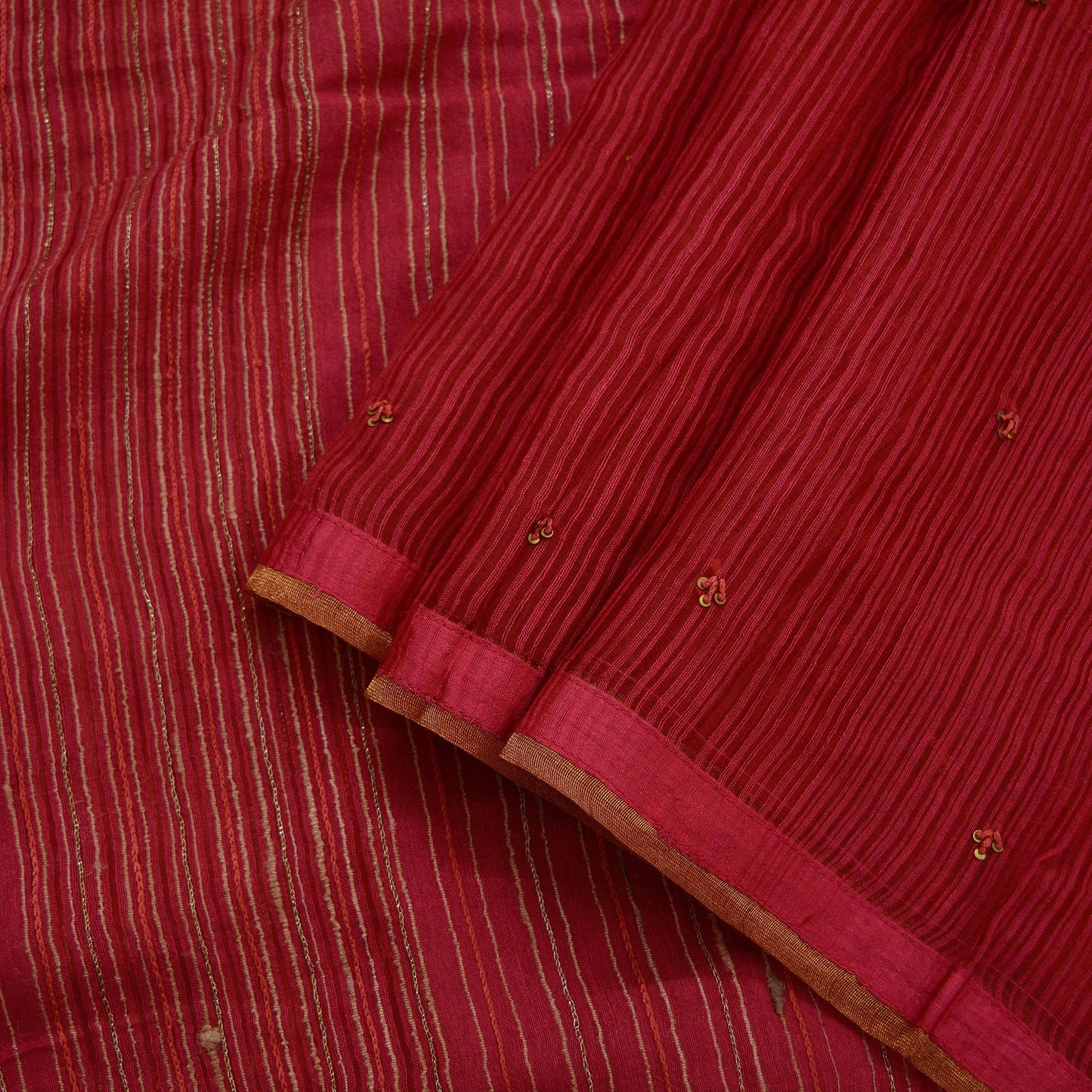Indian Vintage Red Dupatta Long Stole Hand Embroidered Pure Chanderi Silk Scarves Veil Golden Zari Soft Fringes