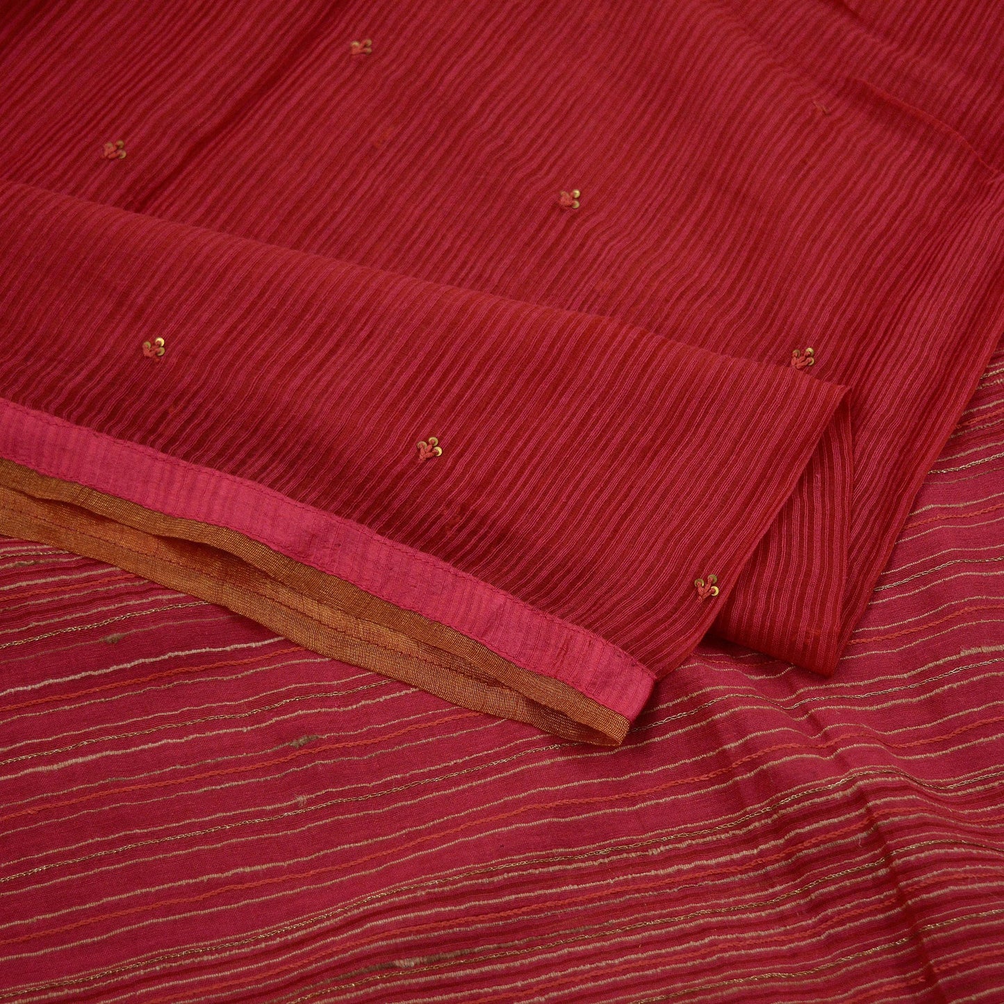 Indian Vintage Red Dupatta Long Stole Hand Embroidered Pure Chanderi Silk Scarves Veil Golden Zari Soft Fringes