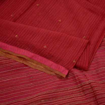 Indian Vintage Red Dupatta Long Stole Hand Embroidered Pure Chanderi Silk Scarves Veil Golden Zari Soft Fringes
