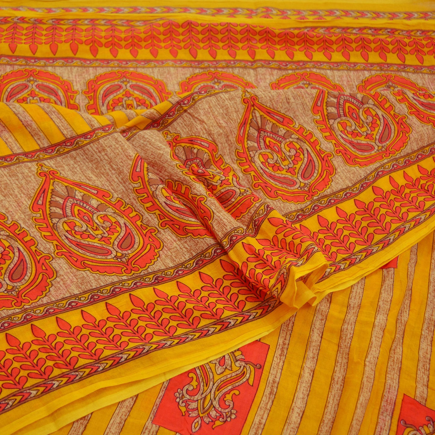 Indian Vintage Saffron Saree Printed Pure Cotton Indian Sari Craft Fabric 5Yd Sewing Soft Sarong Wrap Boho Floral Quilting Crafting