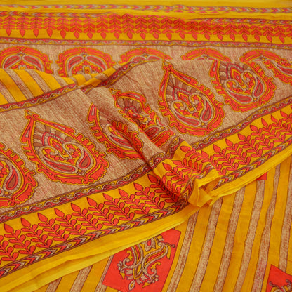 Indian Vintage Saffron Saree Printed Pure Cotton Indian Sari Craft Fabric 5Yd Sewing Soft Sarong Wrap Boho Floral Quilting Crafting