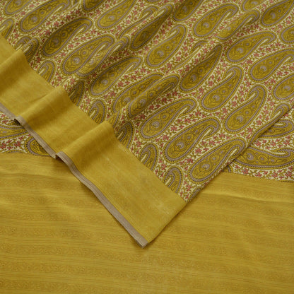 Indian Vintage Sari Ivory & Green Pure Crepe Silk Printed Saree 5yd Sewing Soft Craft Fabric Wrap Dress Making Crafting Quilting Paisley