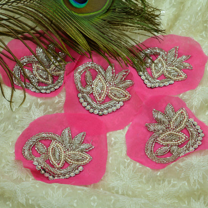 Indian Vintage 5 Pcs Rare Appliques Pink Georgette Applique VERY OLD ANTIQUE Vintage Embroidered Snippets Remnants Craft Journals