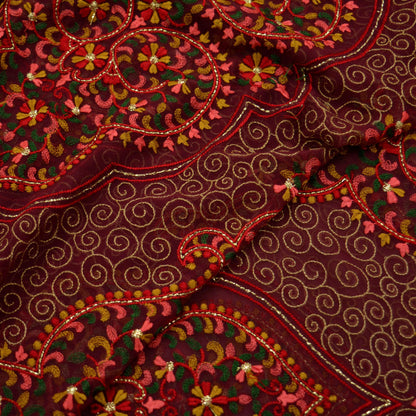 Indian Vintage Maroon Dupatta Pure Georgette Silk Long Stole Hand Embroidered Scarves Floral Design Stole Veil Wrap