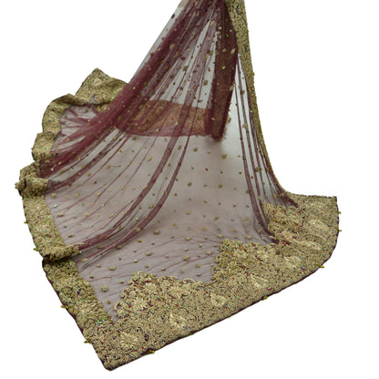 Indian Vintage Heavy Mauve Dupatta Net Mesh Long Stole Hand Embroidered Scarves Zardozi/ Dabka Zari Sequins Bridal Wear Wedding Veil