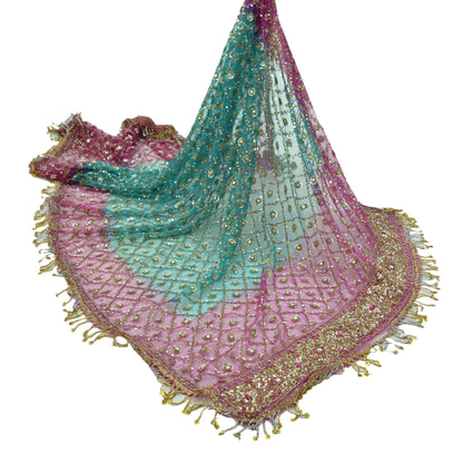 Indian Vintage Heavy Pink & Blue Dupatta Net Mesh Long Stole Hand Embroidered Scarves Golden Zardozi Dabka Zari Sequins