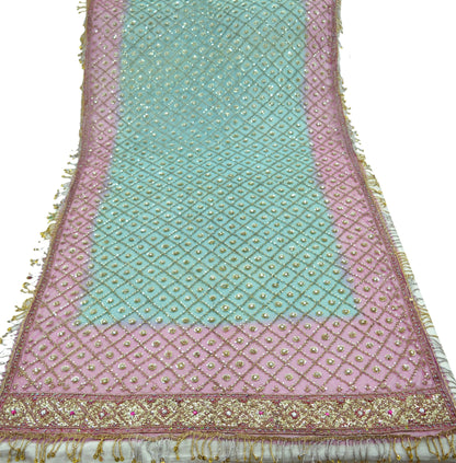 Indian Vintage Heavy Pink & Blue Dupatta Net Mesh Long Stole Hand Embroidered Scarves Golden Zardozi Dabka Zari Sequins