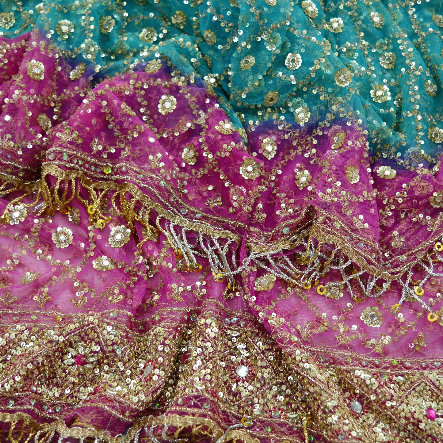 Indian Vintage Heavy Pink & Blue Dupatta Net Mesh Long Stole Hand Embroidered Scarves Golden Zardozi Dabka Zari Sequins