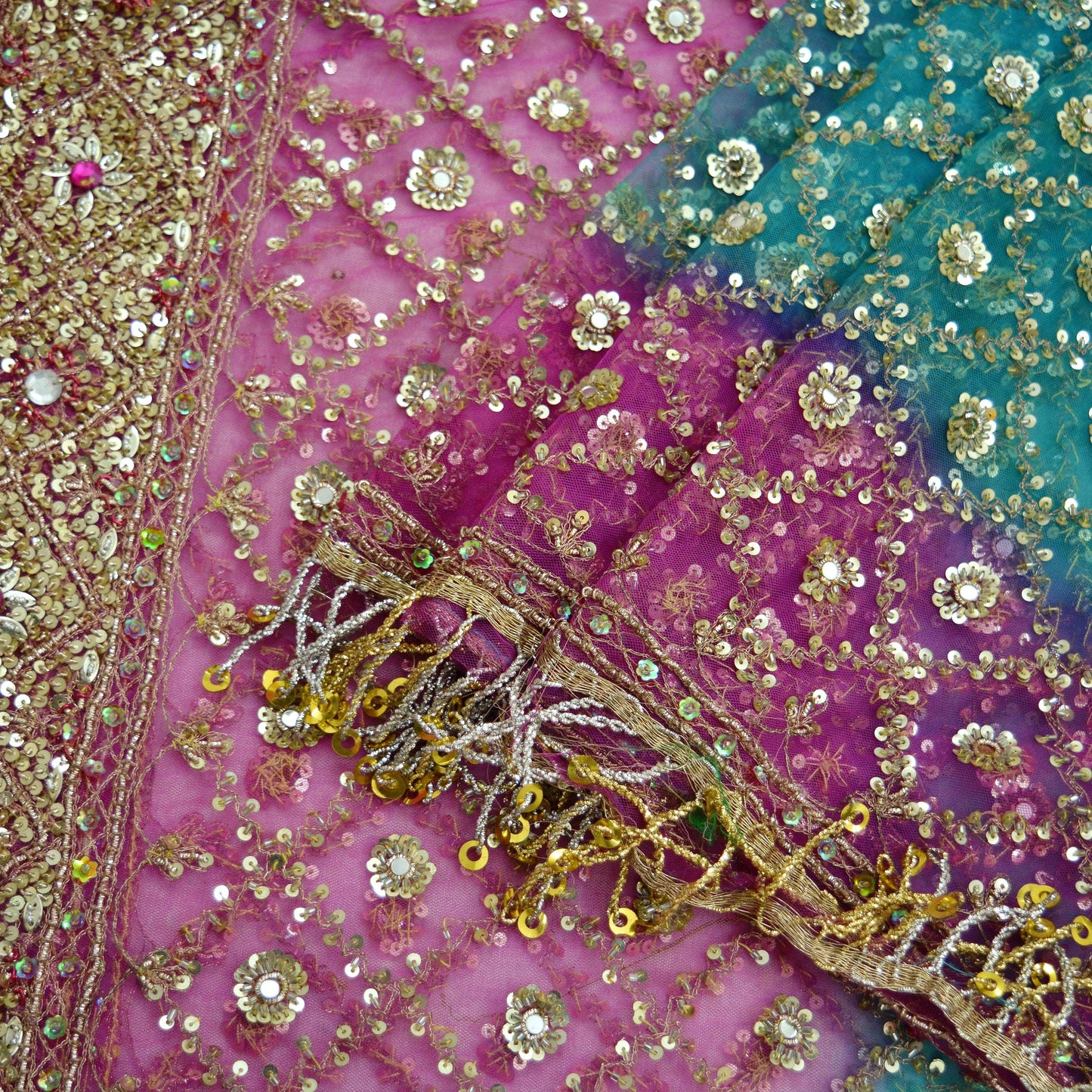 Indian Vintage Heavy Pink & Blue Dupatta Net Mesh Long Stole Hand Embroidered Scarves Golden Zardozi Dabka Zari Sequins