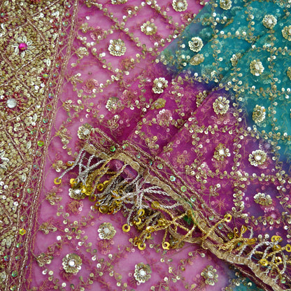 Indian Vintage Heavy Pink & Blue Dupatta Net Mesh Long Stole Hand Embroidered Scarves Golden Zardozi Dabka Zari Sequins