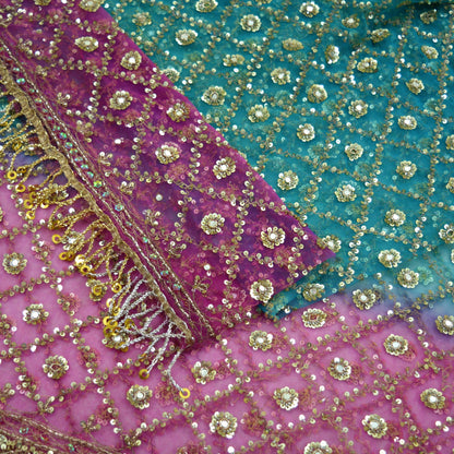 Indian Vintage Heavy Pink & Blue Dupatta Net Mesh Long Stole Hand Embroidered Scarves Golden Zardozi Dabka Zari Sequins