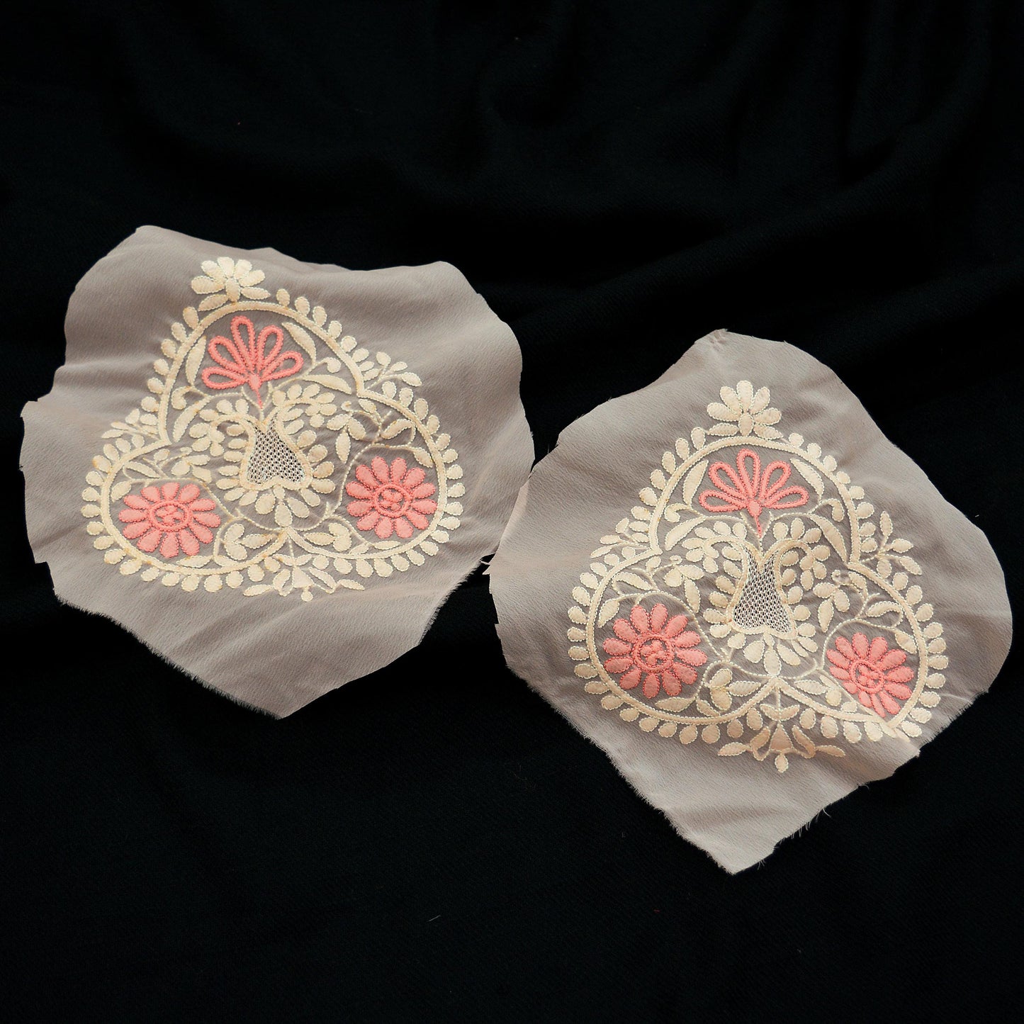 Indian Vintage 2 Pcs Rare Appliques Pink Georgette Applique VERY OLD ANTIQUE Vintage Hand Embroidered Chikankari Snippets Craft Journals